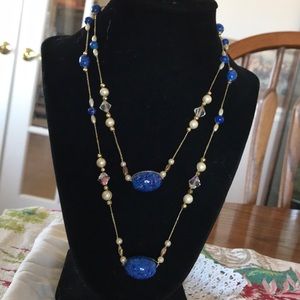 Faux Pearl, Lapis and Crystal Ncklce Doubled